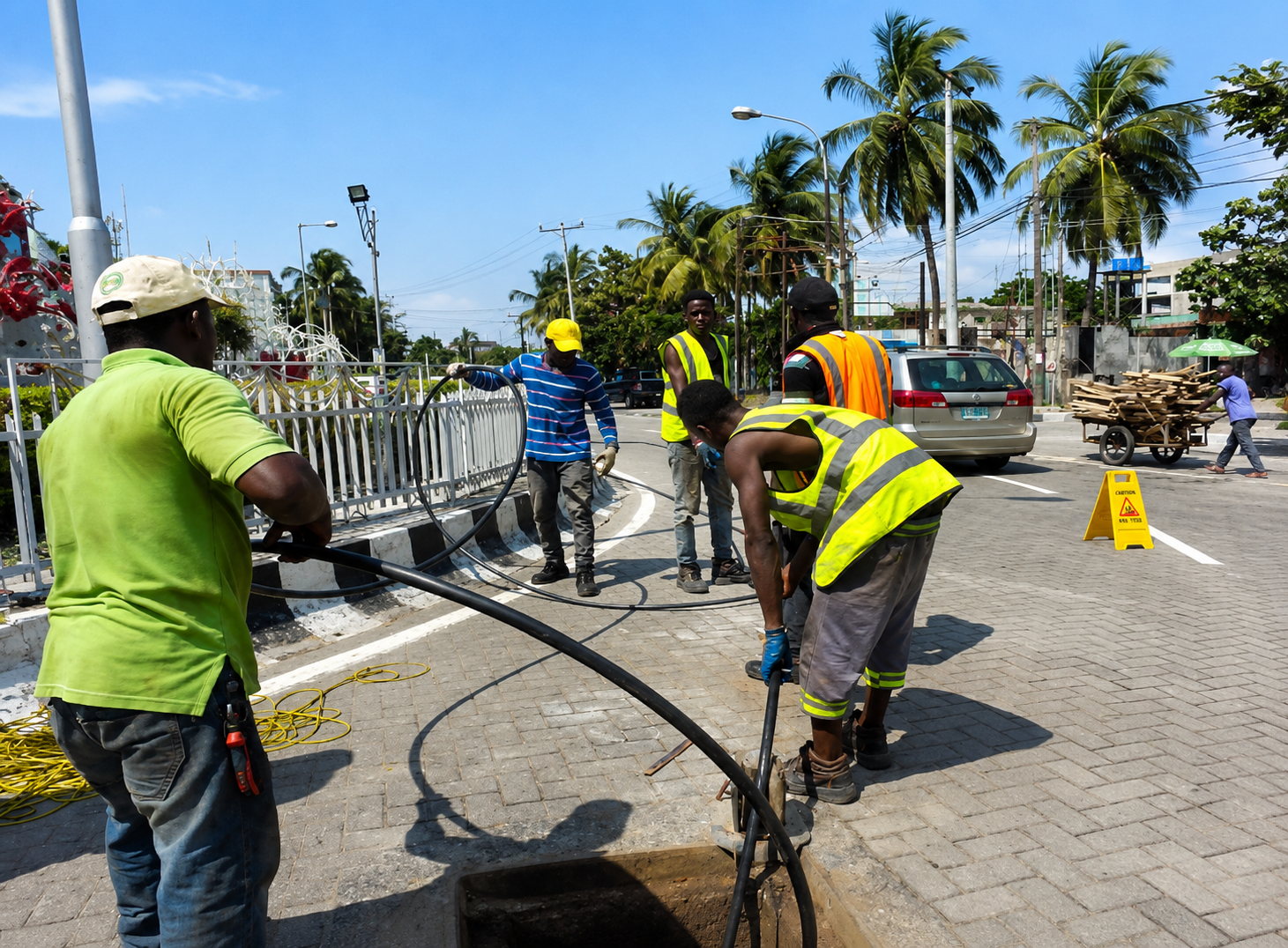 Rich & Ray field team deploying fiber cable along a roadway