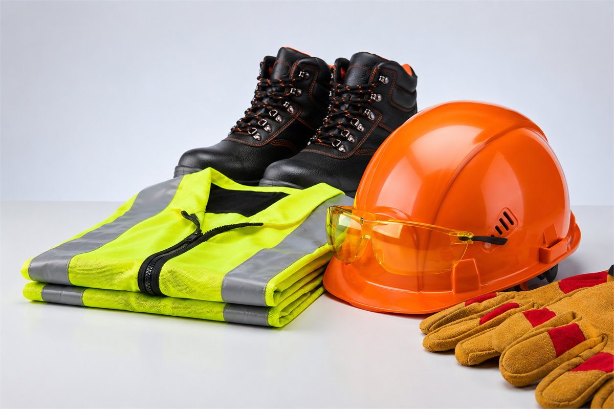 Protective helmet, vest, boots, gloves, and safety glasses